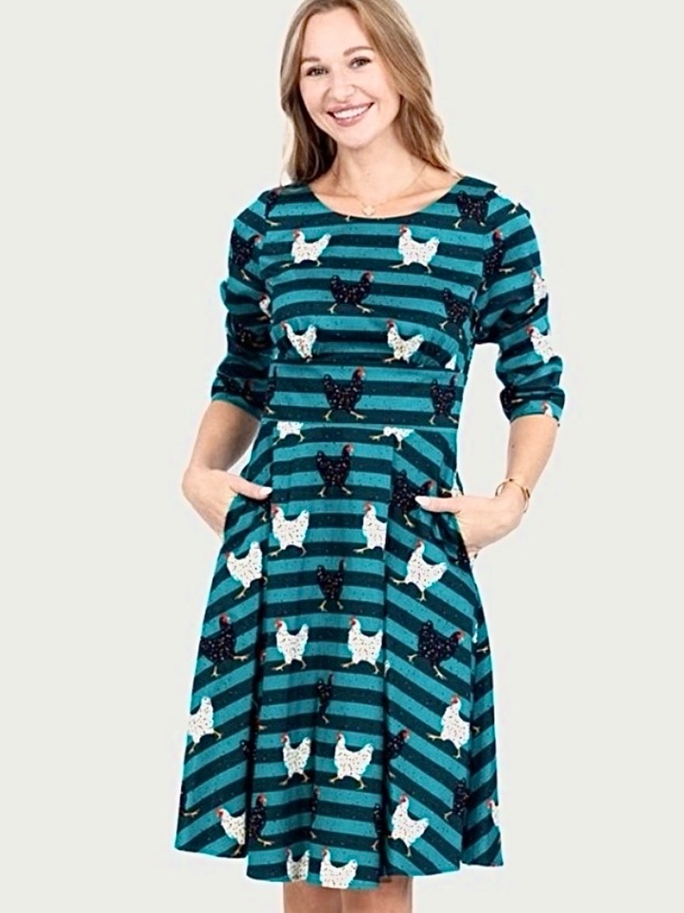 Eva Rose Chicken Hen Print Striped Fit & Flare 3/4 Sleeve Dress w Pockets